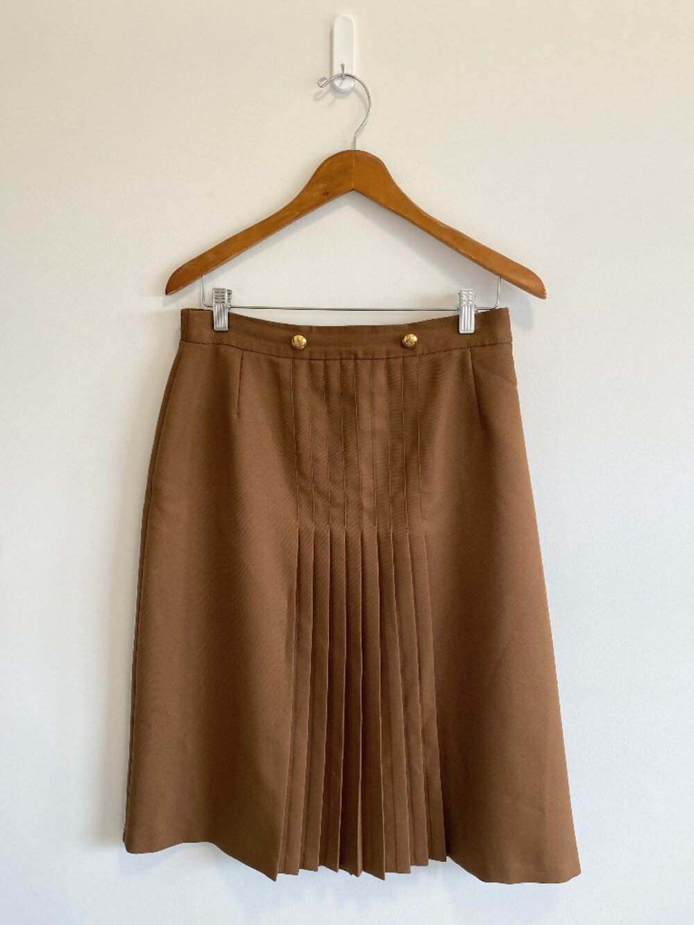 Vintage Khaki Brown Pleated Midi Skirt / 90s / Made in Canada